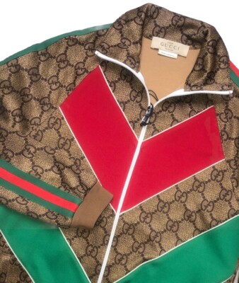 Gucci Monogram Track Jacket Technical Jersey W/Web Print Unisex M Vtg Camel NEW