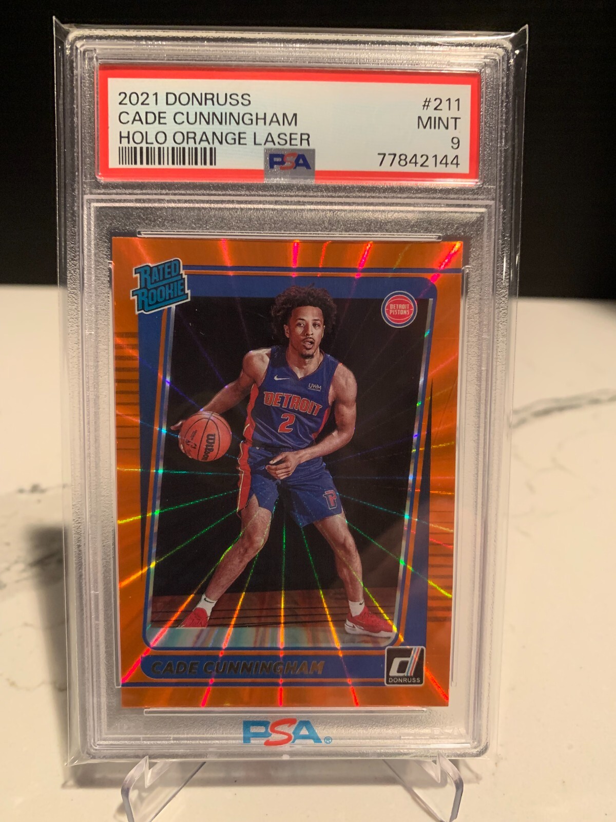 2021 PANINI DONRUSS HOLO ORANGE LASER #211 CADE CUNNINGHAM RC RATED ROOKIE PSA 9