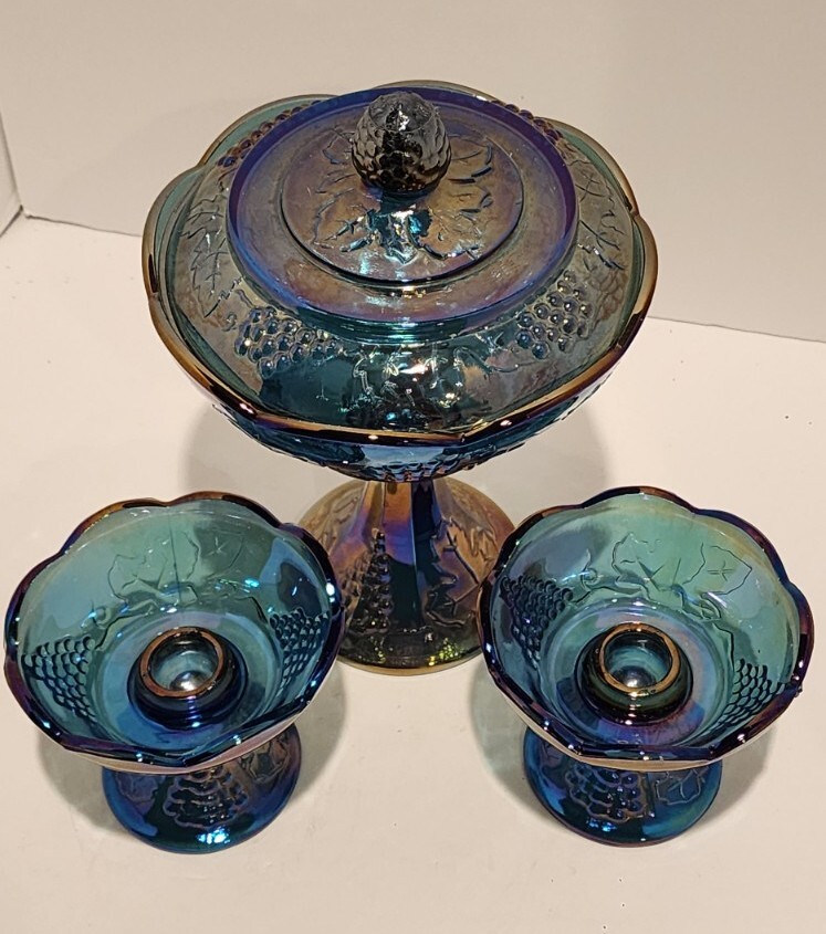 Vintage Large Indiana Blue Carnival Glass Pedestal Candy Dish & Candle