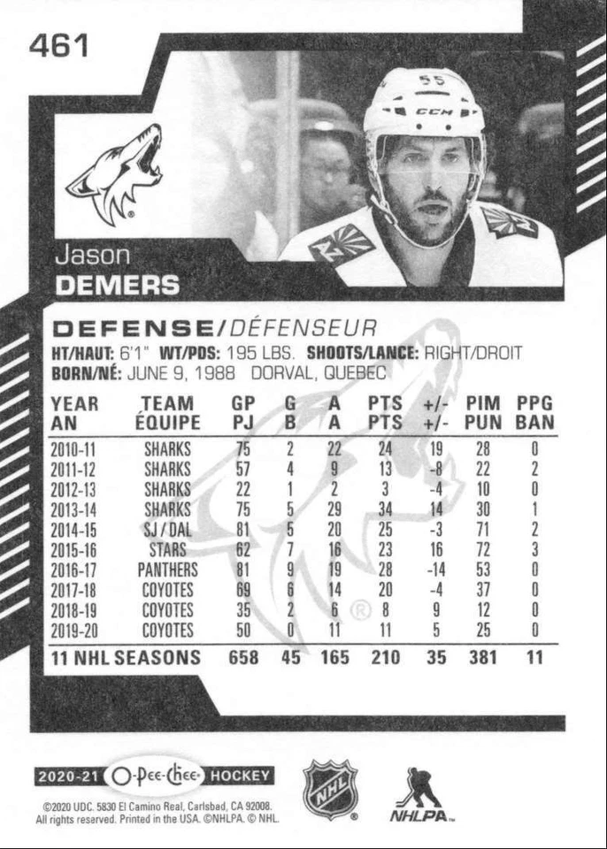 2020-21 O-Pee-Chee Jason Demers Arizona Coyotes #461 - Image 2 of 2