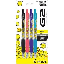 Pilot G2 Smiley World Gel Ball Pen 0.7mm 4/Pk Asst Color Inks Office School Home