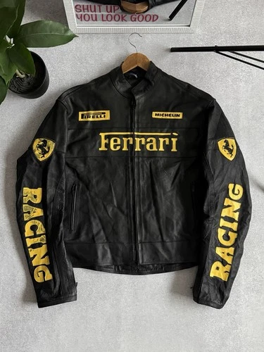 Vintage Ferrari Leather Biker Jacket Racing Black-Yellow Formula 1 Michelin image 2