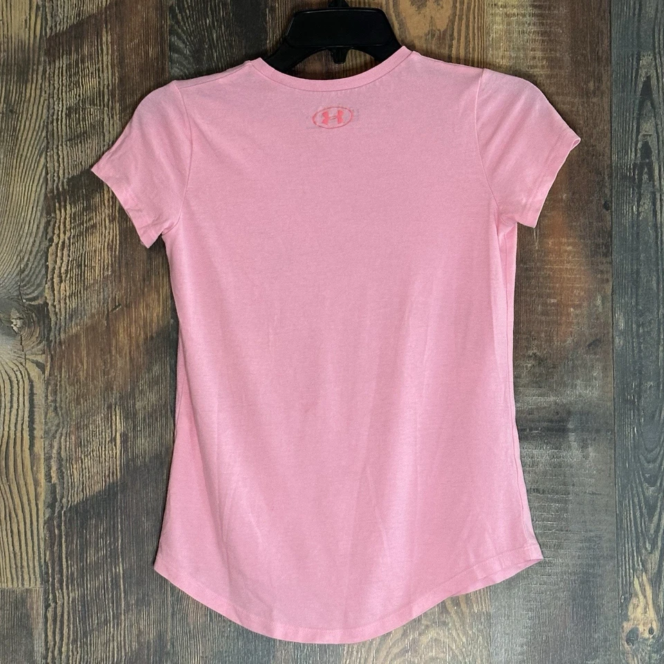 Under Armour Girl's Tee Shirt Size Youth M. Heat Gear Short Sleeve Pink Logo UA - Image 3 of 4