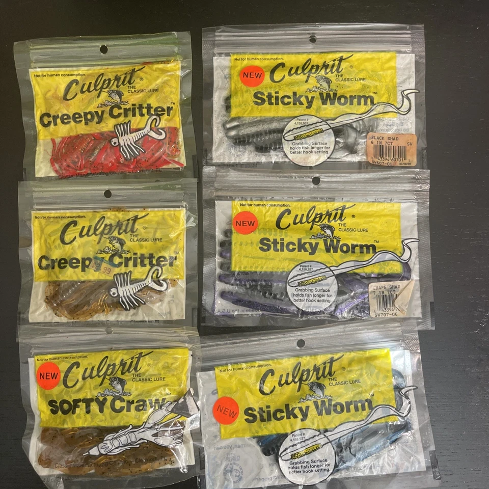 Lote Mixto de 21 Bolsas Culprit Bass Worm Craw Critter Grub Cebos Originales Raro Nuevo en Paquete Foto 2 de 4