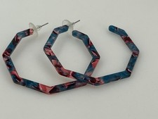 Hexagonal Hoop Earrings Metal Posts Acrylic Resin Marbled Teal Pink