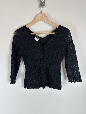 Inc Black Lace Y2K Top Blouse Babydoll Witchy Whimsigoth Dark Fairy Goth Crochet