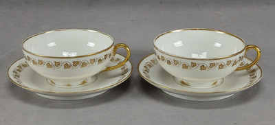 Pair of GDA Limoges Gold Gilt Ivy Leaves & White Porcelain Tea Cups & Saucers