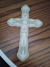 Ceramic Hanging Cross Wall Decor Hand Painted Carved Sage Green White 10"X 6”