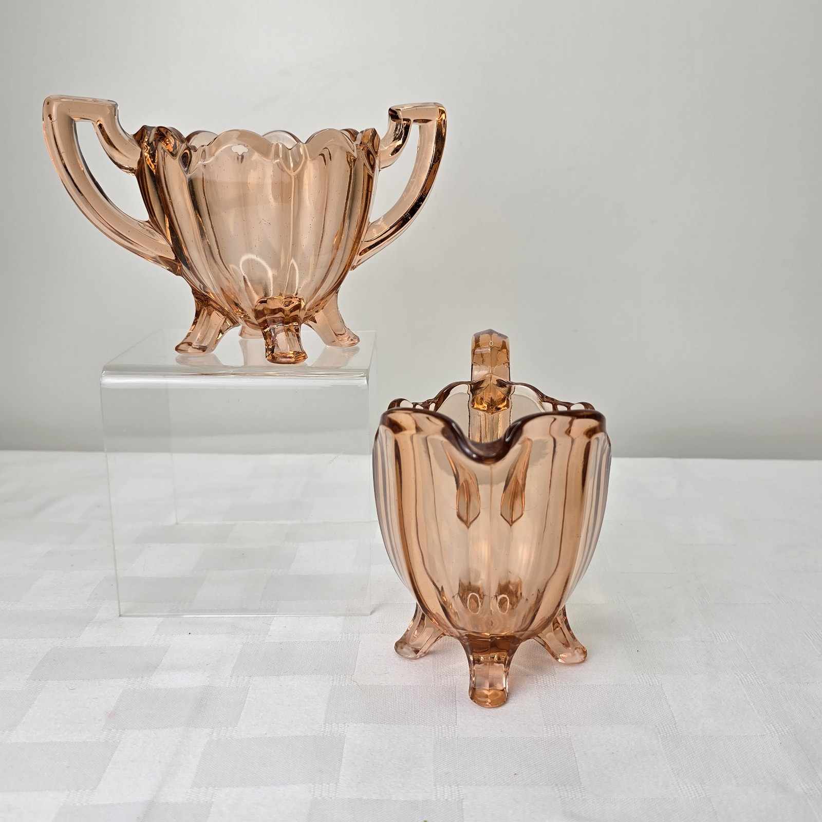 Vintage Indiana Glass Footed Creamer & Open Sugar, Peach/Pinkish Color Set of 2