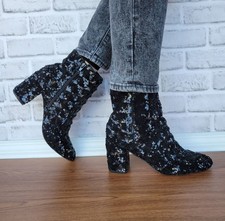 Womens Black Sequin Ankle Boots Block Heel Round Toe 6 Clubwear Casual Evening