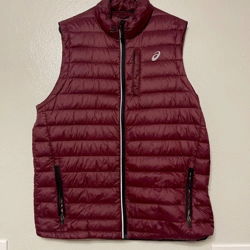 ASICS Duck Down Puffer Vest Mens L Burgundy Maroon Lightweight Running - product listing photo