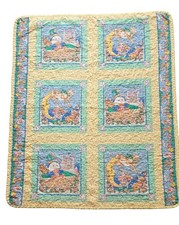 Vintage Embroidered Pastel Crib Quilt Cotton Yellow Blue Green 50x43
