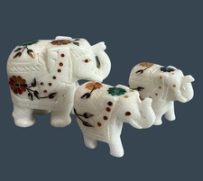 Marble Elephant Figurine Set With Floral Inlay Design
