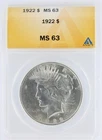1922 Peace Silver Dollar ANACS MS63 S$1 Philadelphia Minted No Reserve