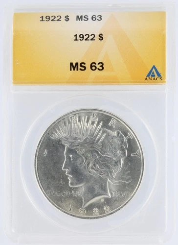 1922 Peace Silver Dollar ANACS MS63 S$1 Philadelphia Minted No Reserve