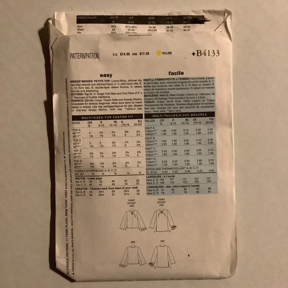 Butterick 4133 Sewing Pattern Long Sleeve Blouse Tunic Misses Size XS-MED UNCUT - Image 2 of 4