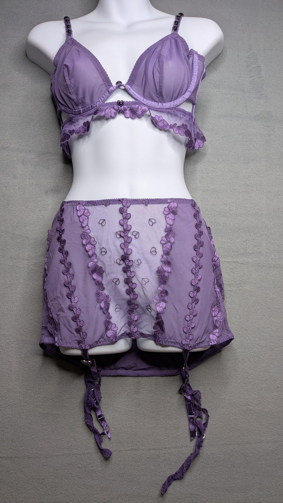 Voight Bralette Bra Set Womens M Purple Mesh Heart Lace Sheer Unlined Unpadded-image