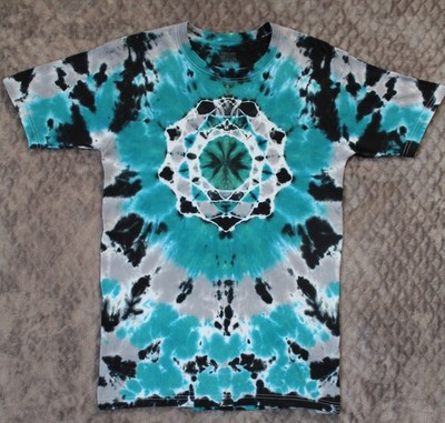 Tie-Dye Mandala Teal Black Grey T-Shirt Adult Medium Handmade Liquid Dye Trippy