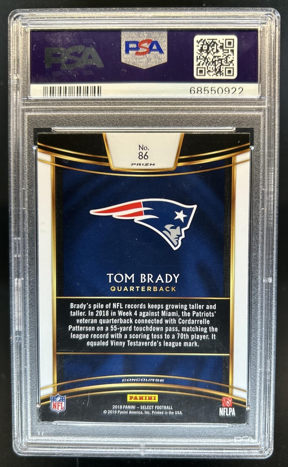 2018 Panini Select Tom Brady Silver Prizm Concourse #86 Patriots PSA 10 GEM MINT view 2