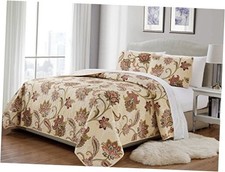 Fancy Collection 3 Pc Quilted Bedspread Over Full/Queen Beige Rust Green Floral