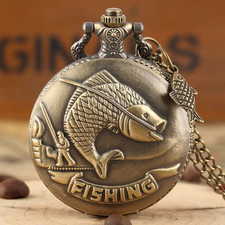 FISHING Vintage Quartz Pocket Watch with Chain Pendent Roman Numerals Gothic