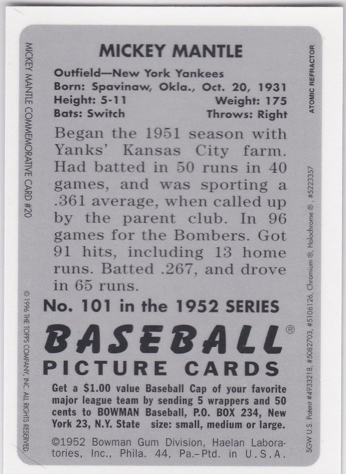 Mickey Mantle Yankees 1996 Bowman's Best Conmemorativo $$ ¡REFRACTOR ATÓMICO RARO! Foto 2 de 2