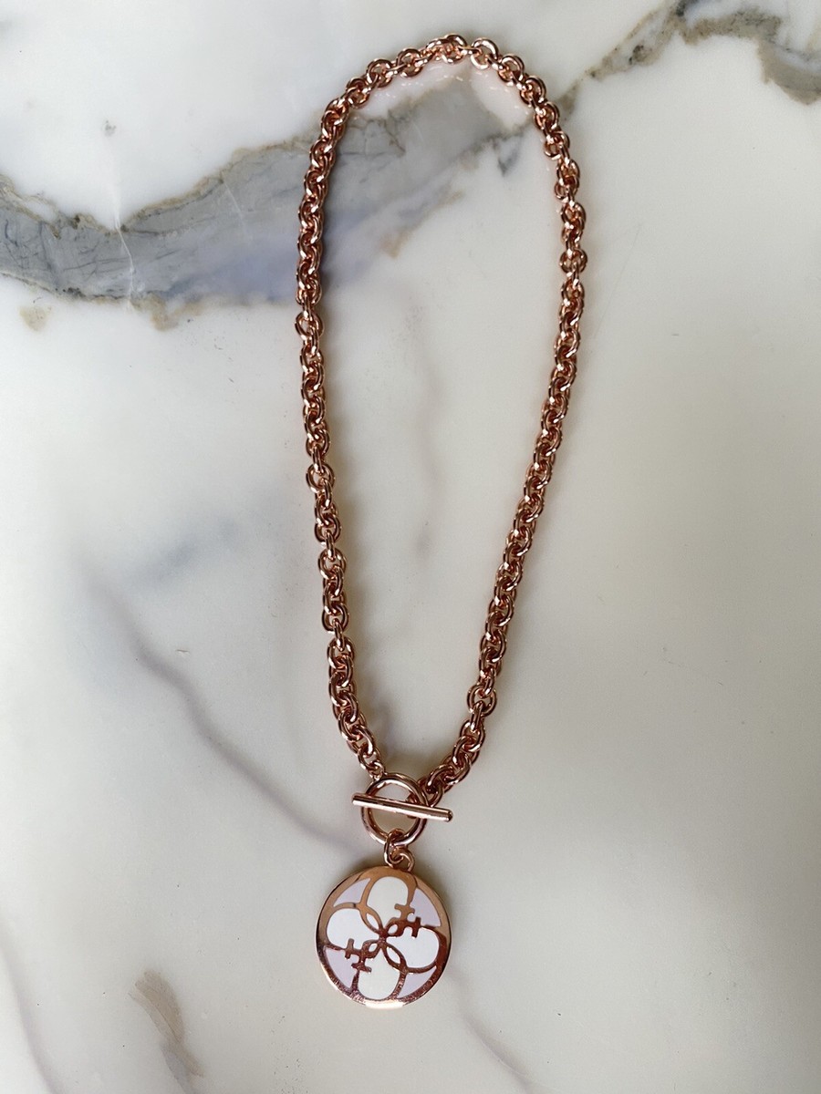 Sautoir GUESS Plaqué Or Rose Et émail Marron - Collier Perles Tendance