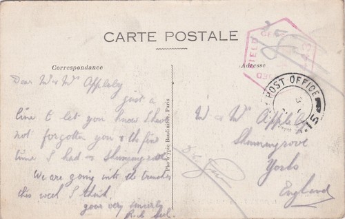 1916 GB censored WWI army post card from France to Skinningrove Yorks England