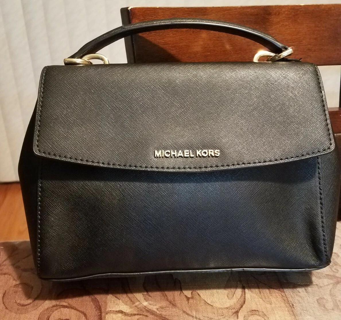 Buy the Michael Kors Ava Small Satchel Crossbody Bag Saffiano Leather Black