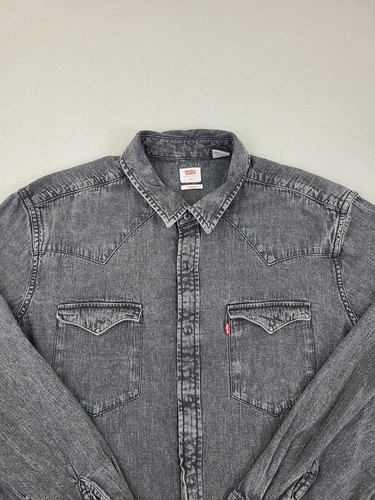 Levis Hemd Herren Extra Large Schwarz Perlen Druckknopf Denim Knopfleiste Verblasst Western Y2K