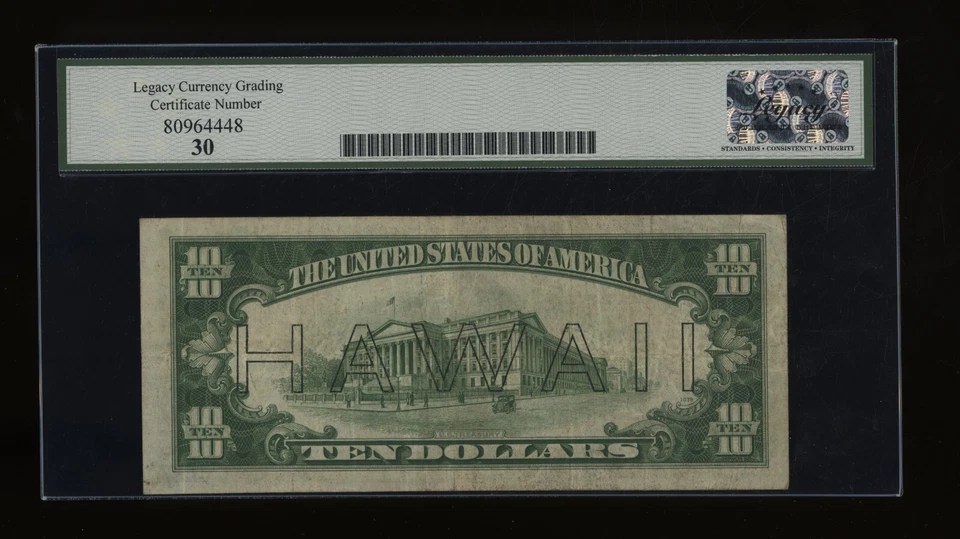 DBR 1934-A $10 FRN Hawaii LB Block Fr. 2303 Legacy 30 Serial L44132057B - Image 2 of 2