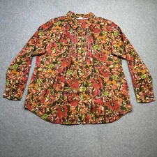 J Jill Uncommon Threads Top Petite Medium Brown Pink Floral Pintuck Boho Blouse