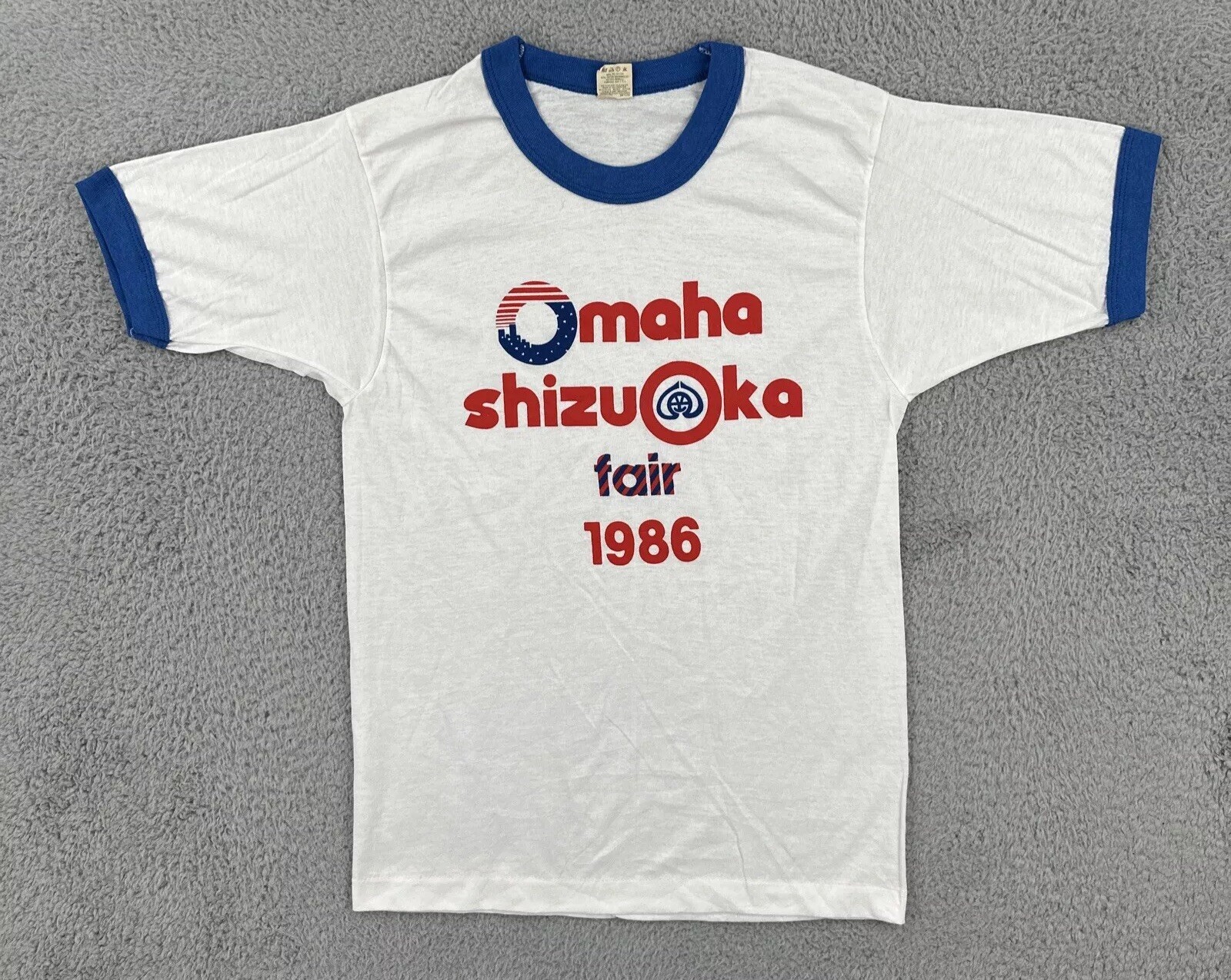 Vtg Screen Stars USA Made S White Ringer Single Stitch Tee Omaha Shizuoka 1989