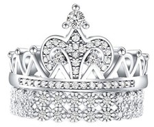 Silver crown ring Real 925 sterling tiara queen Women's Weddings Princess
