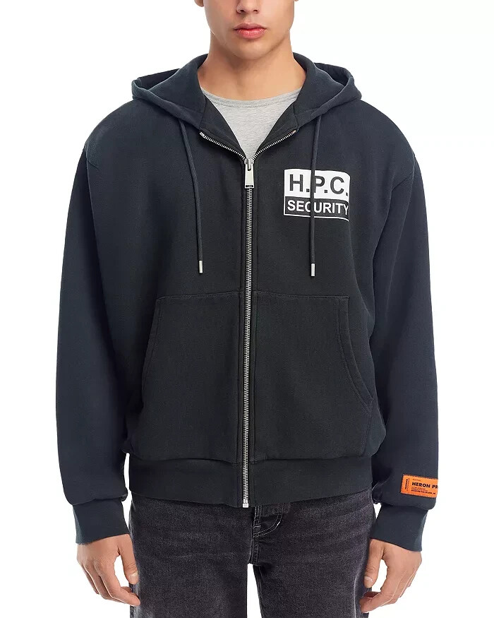 Heron Preston V8714 Mens Black Security Graphic Zip Hoodie Size XL 