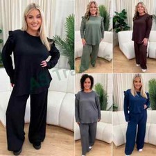 Women's Frill Arm Long Sleeve Popcorn Top  Wide Leg Flared Trouser Tracksuit