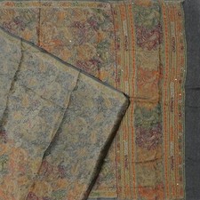 Vintage Gray Sarees 100 Pure Crepe Silk Hand Embroidered Sari 5YD Craft Fabric