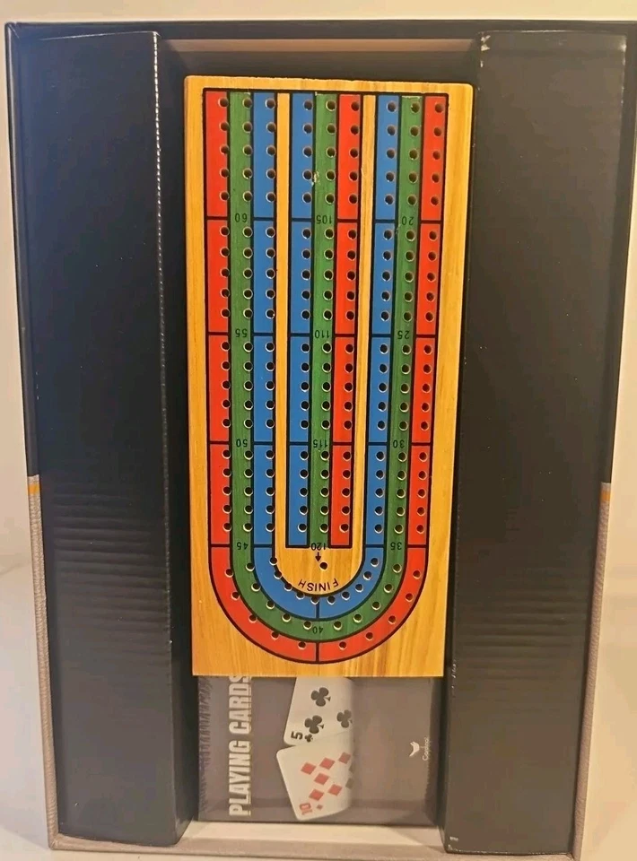 Solid Wood Cribbage Folding game board With Cards Opens To 14.7". New Open Box  - Image 3 of 4