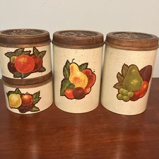 Zestaw 4 vintage Cheinco Artykuły gospodarstwa domowego Metalowe puszane kanistry ZBIORY OWOCÓW BARDZO ŁADNE!