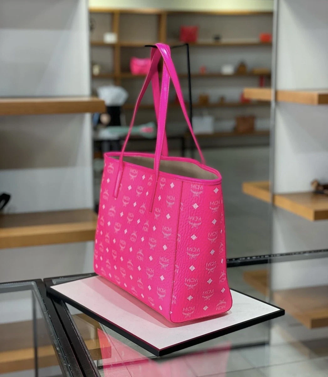 Authentic MCM Neon Pink Color Medium Shopper Tote Bag 695 Tax