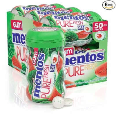 Mentos Pure Fresh  Chewing Gum with Xylitol, Watermelon, 50 pc bottle (6 pck)