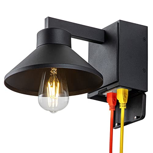  Porch Light with Outlet, Matte Black Waterproof 1-Pack Powder-coated Black
