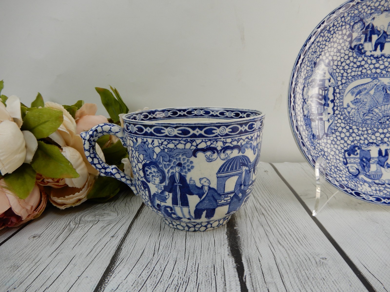 William Adams Pottery Pottery Blue & White Chinese Bird Jumbo Cup and Bowl