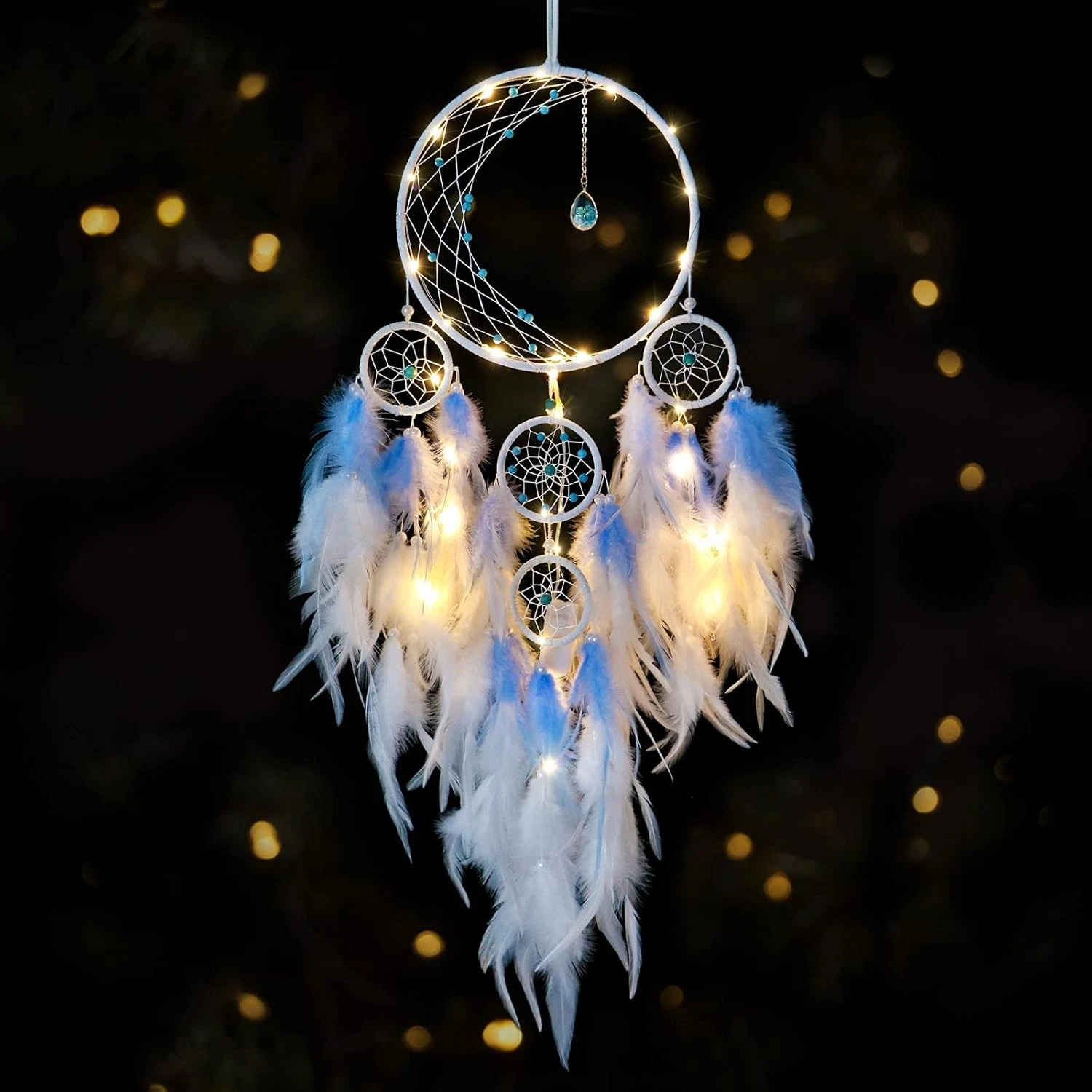 KHOYIME LED Light Up Dream Catcher Half Circle Moon Decor with Lights Blue