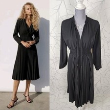 Zara Black Poplin Tie Neck Pleated Midi Long Sleeve Dress | Women's M