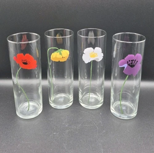 Vintage Anchor Hocking Poppy Floral Highball Tumblers - Set of 4