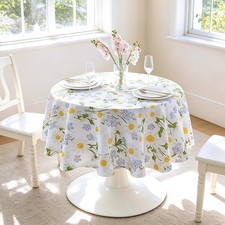 Floral Tablecloth - Round 150cm Wipe Clean for Kitchen Dining - White Daisy