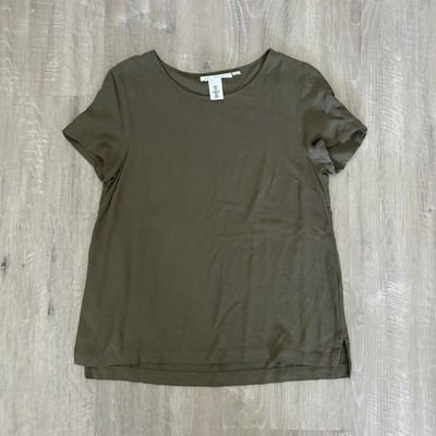H&M LOGG Olive Green Relaxed-Fit Crewneck Top Short Sleeves Side Slits Size 6
