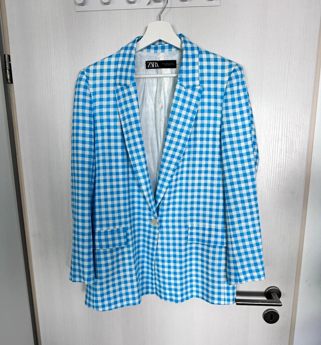 Zara Damen Blazer M kariert blau/weiß gefüttert Knopfverschluss Business