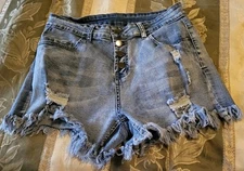 Amethyst Jean shorts Sz L Junior 4 Button Zip 5 Pockets Distress  Accent 5 in in